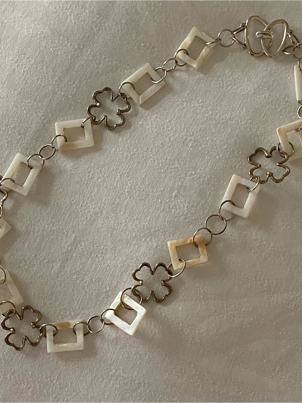 Clover Necklace Square Mother Of Pearl 21.5” Silver tone Cutouts Vintage Beach